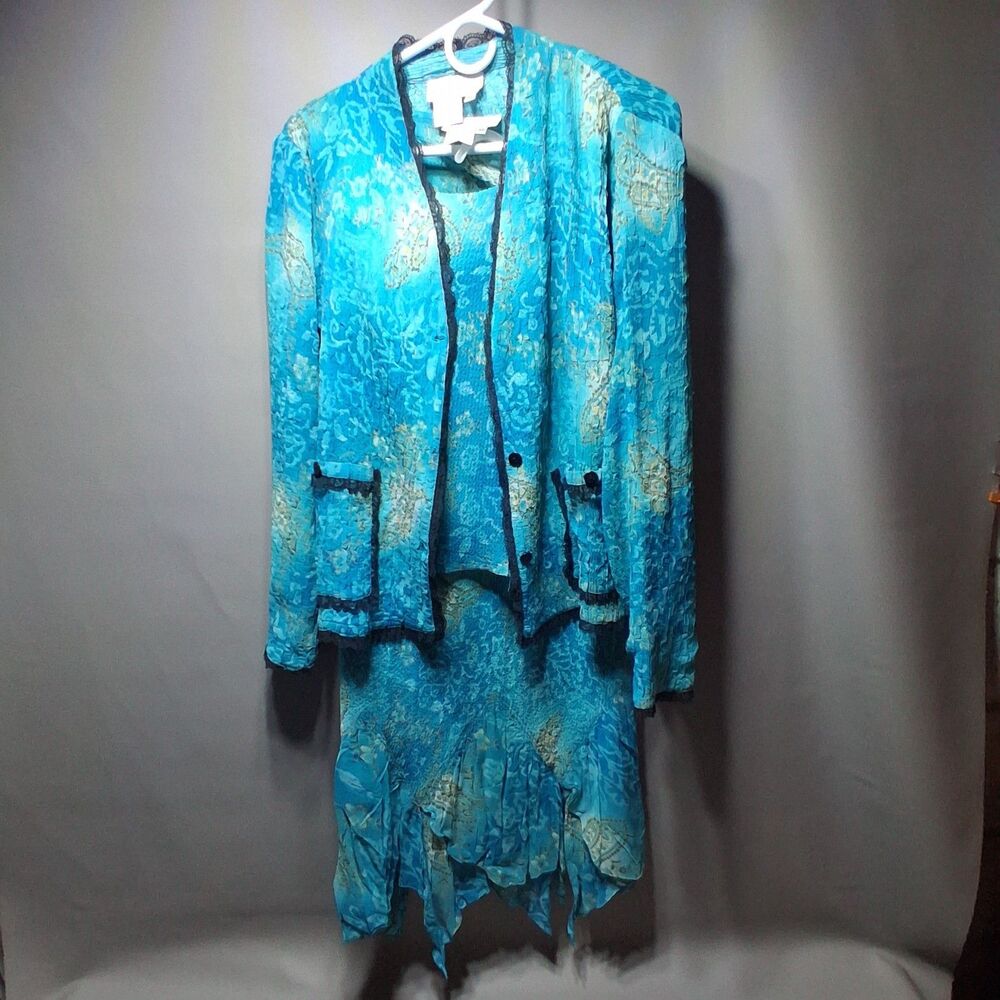 Cocoon Bay‎ 3pc Skirt Set M Turquoise Paisley Crinkle Art to Wear Jacket Tank.